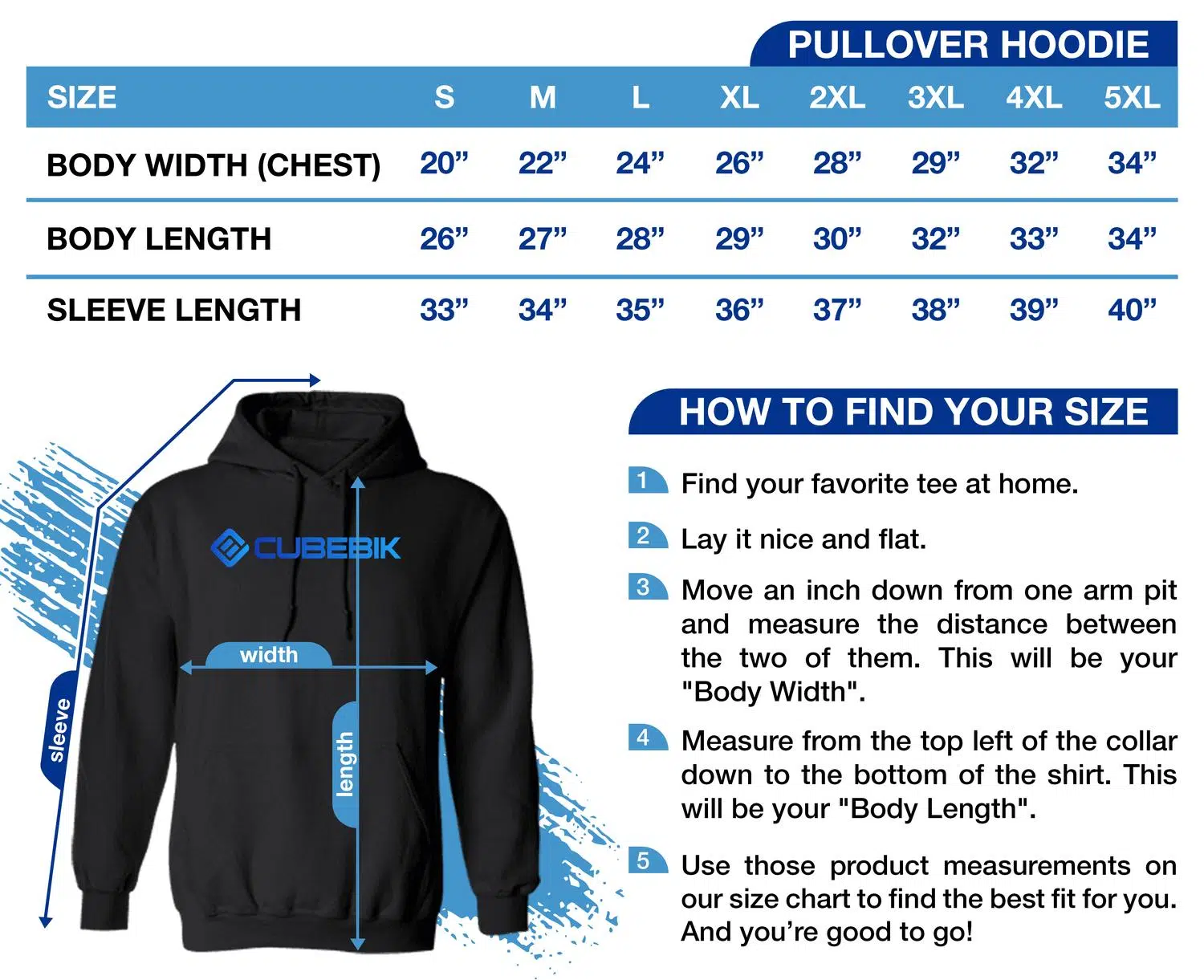 CubeBik Pullover Hoodie Size Chart