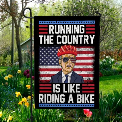 Alternative view of Running The Country Is Like Riding A Bike Funny Biden House Flag - Biden Falling Off Bike Home Garden Flag