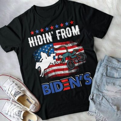 Alternative view of Hiding From Biden's Funny Bigfoot Biden Bike T-Shirt - Funny Biden Falling Off Bike Shirt