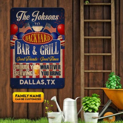 Alternative view of Personalized Family Name Backyard Bar And Grill Outdoor Decorative Metal Sign - Patriot American Flag Sign
