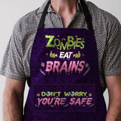 Alternative view of Zombies Eat Brains Don't Worry You're Safe Funny Halloween Cooking Apron With 3 Pockets