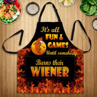 Aprons For Dad Somebody Burns Their Wiener Funny Cooking Apron With Three Pockets - Adjustable Neck Strap