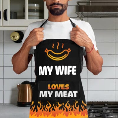 Alternative view of My Wife Loves My Meat Funny Apron With Three Pocket - Aprons For Men Women - Grill Cooking BBQ Kitchen Chef Apron