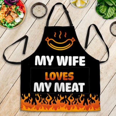 My Wife Loves My Meat Funny Apron With Three Pocket - Aprons For Men Women - Grill Cooking BBQ Kitchen Chef Apron