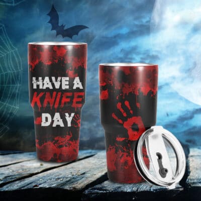 Alternative view of Have a Knife Day Halloween Horror Movie Insulated Tumbler Cup with Lid - Halloween Vacuum Insulated Travel Coffee Mug
