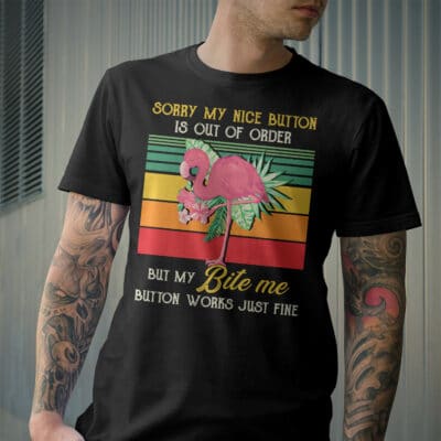Alternative view of Sorry My Nice Button Is Out Of Order But My Bite Me Button Works Just Fine Flamingo T-Shirt - V-Neck Shirt