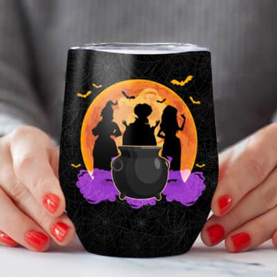 Alternative view of I Put a Spell On You and Now You're Wine Insulated Cup Wine Tumbler with Lid - Hocus Pocus Three Witch Halloween Watching Coffee Mug