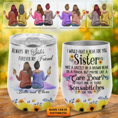 Alternative view of Personalized Art Tumbler Gifts for Sister - Always My Sister Forever My Friend Floral Insulated Wine Tumbler Cup with Lid, Sister Coffee Mug