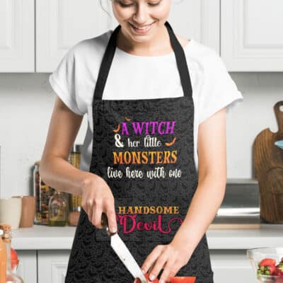 Alternative view of A Witch And Her Little Monsters Live Here With One Handsome Devil Funny Halloween Cooking Apron With 3 Pockets