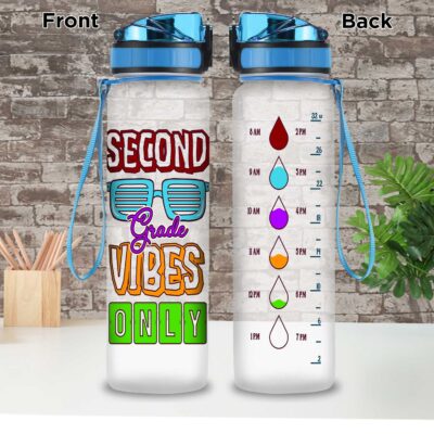 Second Grade Vibes Only Back To School Motivational School Sports Water Tracker Bottle with Time Marker - 2nd Grade Water Bottle