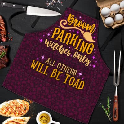 Broom Parking Witches Only All Others Will Be Toad Funny Halloween Cooking Apron With 3 Pockets