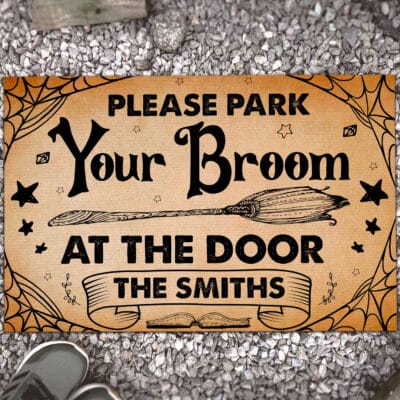 Personalized Please Park Your Broom At The Door Funny Witch Halloween House Doormat - Outdoor Indoor Doormat