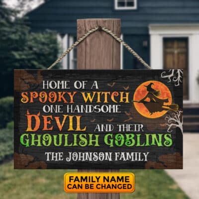 Custom Home Of A Spooky Witch One Handsome Devil Funny Halloween Wooden Door Sign - Front Porch Sign Outdoor Decor