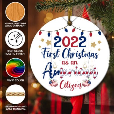 First Christmas As An American Citizen 2022 Ornament Keepsake - Holiday Flat Circle Porcelain Ornament