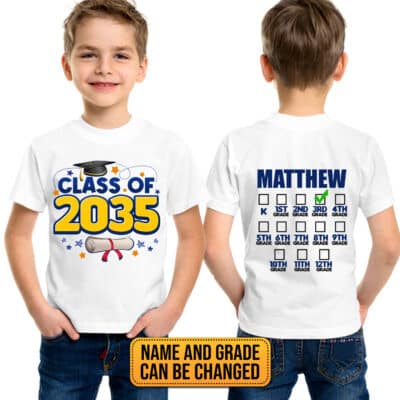 Personalized Name Class of 2035 2 Sided T-Shirt - Kindergarten Grade Class 2035 Front Back Shirt