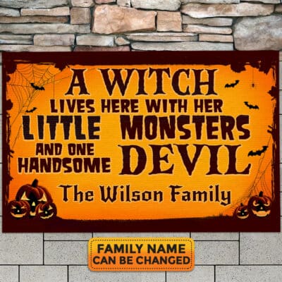 Personalized A Witch Lives Here With Her Little Monsters and One Handsome Devil Door Mats - Front Door Halloween Outdoor Mats for Home Entrance