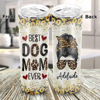 Personalized Sunflower Best Dog Mom Ever Insulated Skinny Tumbler Cup with Lid - Birthday Gift for Sunflower Lovers - Dog Lovers Mug Cup
