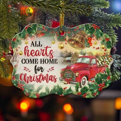All Hearts Come Home For Christmas Red Truck Decorative Benelux Shaped Medallion Christmas Ornament Keepsake