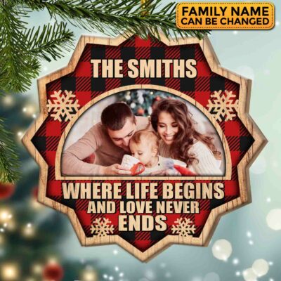 Personalized Family Where Life Begins And Love Never Ends Custom Shaped Wooden Christmas Ornament Keepsake