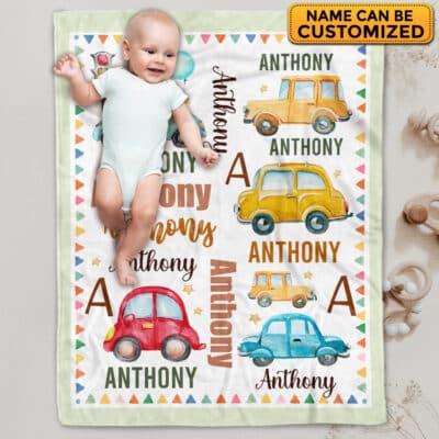 Personalized Name Car Baby Blanket - Custom Funny Cute Car Baby Boy Name Fleece Soft Blanket