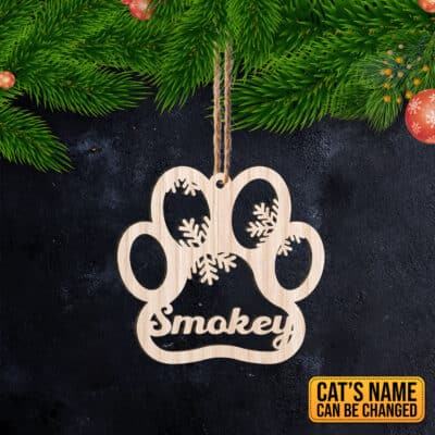 Personalized Cat Paw Shaped Wooden Christmas Ornament Keepsake - Custom Cat Lover Christmas Gifts
