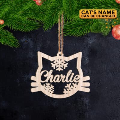 Alternative view of Personalized Cat Face Shaped Wooden Christmas Ornament Keepsake - Custom Cat Lover Christmas Gifts