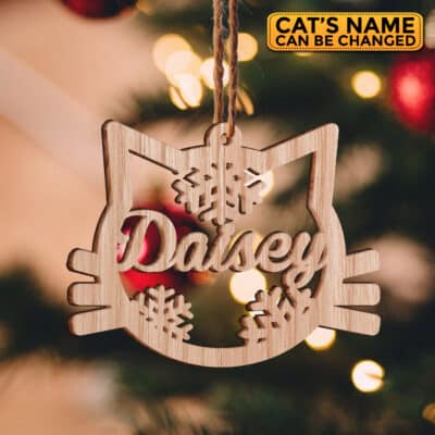 Personalized Cat Face Shaped Wooden Christmas Ornament Keepsake - Custom Cat Lover Christmas Gifts