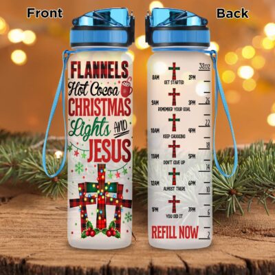 Flannels Hot Cocoa Christmas Light And Jesus Motivational Fitness Sports Water Tracker Bottle with Time Marker