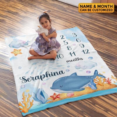 Alternative view of Personalized Dolphin Baby Monthly Milestone Blanket Newborn Boy Girl Unisex Neutral - Dolphin Blanket for Newborn