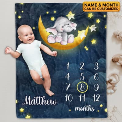 Personalized Elephant Baby Monthly Milestone Blanket Newborn Boy Girl Unisex Neutral - Elephant Blanket for Newborn