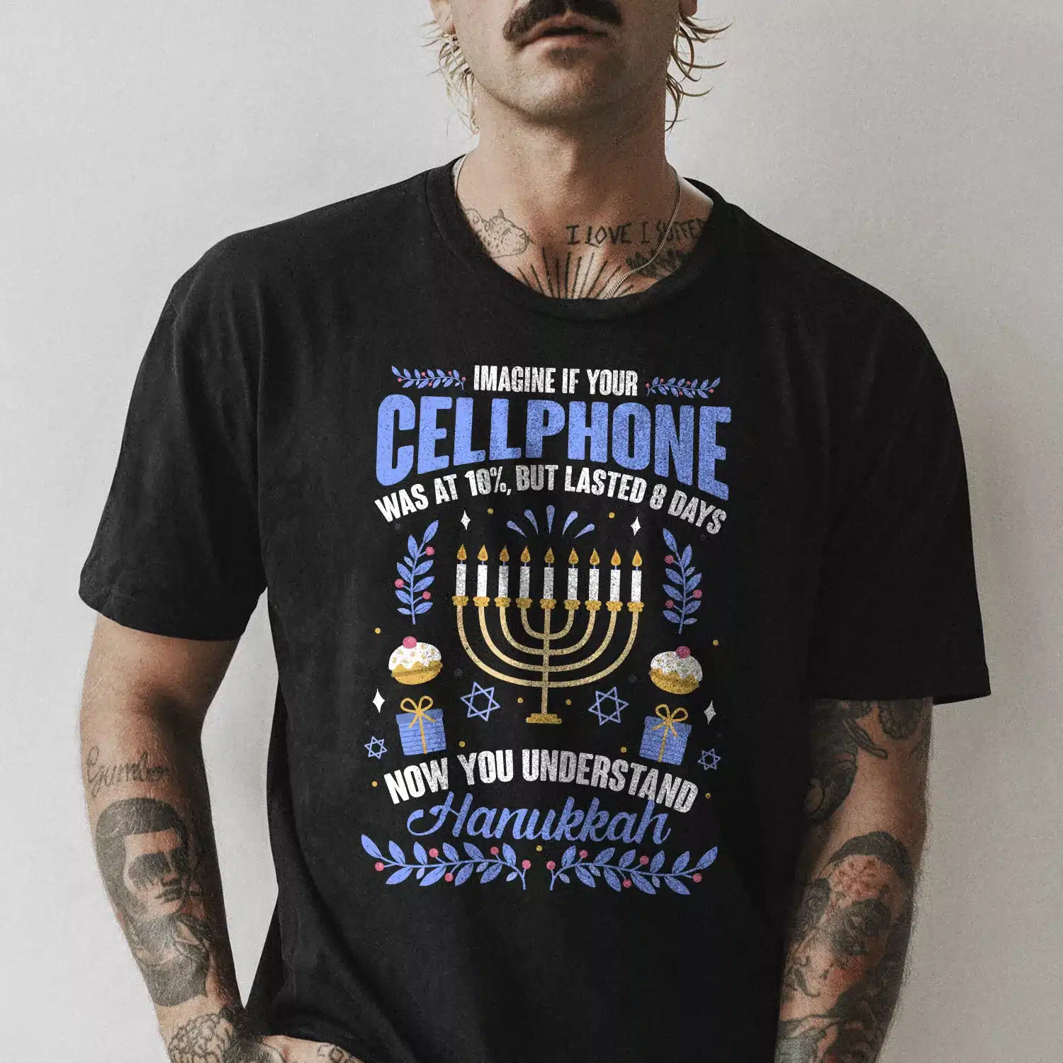 Men's black tee mockup psd on tattooed model