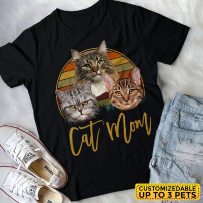 Personalized Portrait Draw Cat Mom Vintage T-Shirt - Custom Funny Cat Mom Drawing Gift