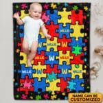 Personalized Name Autism Blanket Puzzle Cure Awareness Flannel Throw Gift for Childs Teens Adults Super Soft Convenient Comfortable Bed Sofa Couch