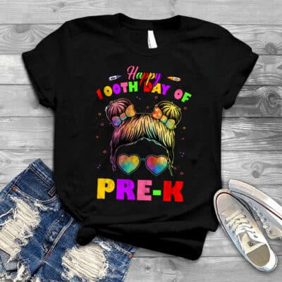 Happy 100th Day Of Pre-K 100 Days Of School Messy Bun Hair Girls Teacher Kids T-Shirt