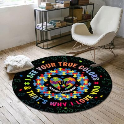 Alternative view of I See Your True Colors Puzzle World Autism Awareness Month Round Rug - Autism Awareness Floor Mat