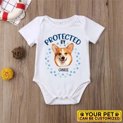 Alternative view of Personalized Portrait Drawing Protected By Dog Baby Onesie - Baby Shower Gift, Protected By Pets Baby Bodysuit, Newborn Baby Gift