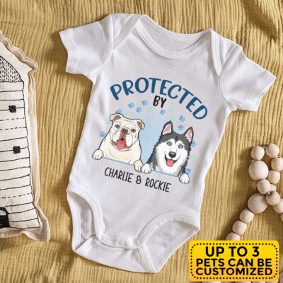 Personalized Protected By Dog Infant Baby Bodysuit - Newborn Dog Lover Baby Gift
