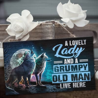 Alternative view of A Lovely Lady And A Grumpy Old Man Live Here Wolf Door Sign - Couple Wolf Front Doorsign
