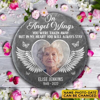 On Angel Wings In My Heart You Will Always Stay Personalized Memorial Garden Stone Plaque Decor - Memorial Gifts for Loss of Family