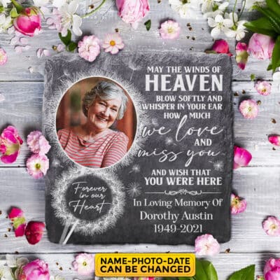 Personalized Photo May The Winds of Heaven We Love Miss You Memorial Garden Stone Plaque - Memorial Gifts for Loss of Family