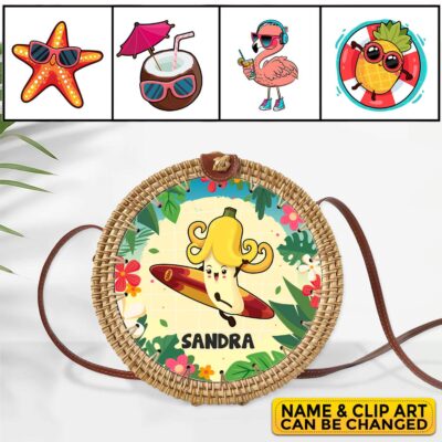Beach Fun Personalized Name Summer Cute Funny Art Hawaiian Tropical Rattan Bag For Women, Boho Summer Bag