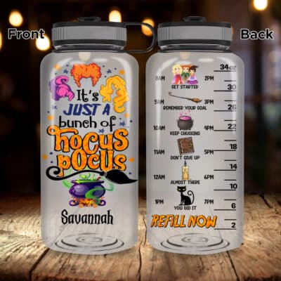 Personalized It's Just A Bunch Of Hocus Pocus Funny Halloween Motivational Fitness Sports Water Tracker Bottle
