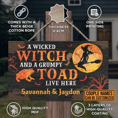 Alternative view of Personalized A Wicked Witch And A Grumpy Toad Live Here Rectangle Wooden Door Sign - Front Porch Sign