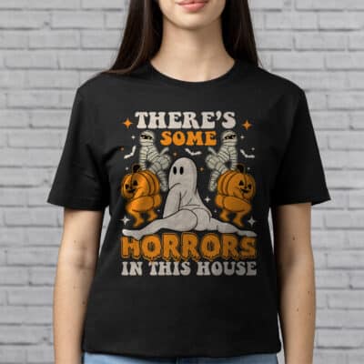 There's Some Horrors In This House Ghost Pumpkin Halloween T-Shirt - Funny V-Neck Shirt