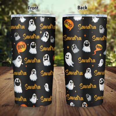 Funny Boo Halloween Custom Name Insulated Tumbler Cup With Lid - Personalized Halloween Mug Cup