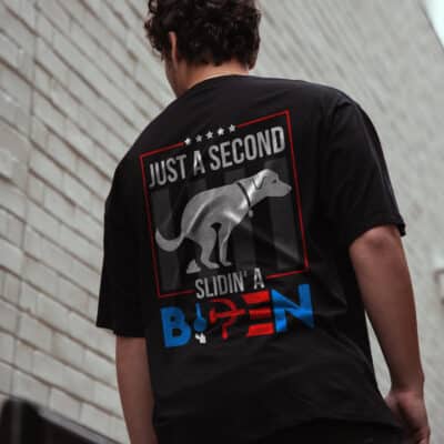 Alternative view of Just A Second Sliding A Biden Funny Dog Pooping Print On Back T-Shirt Only - Funny Biden Plain Front Shirt