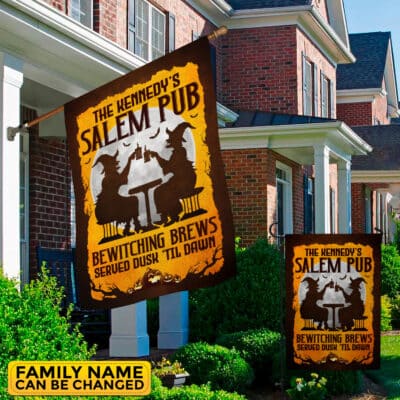 Personalized Salem Pub Bewitching Brews Served Dusk Til Dawn Witch Halloween Outdoor House Flag - Garden Flag