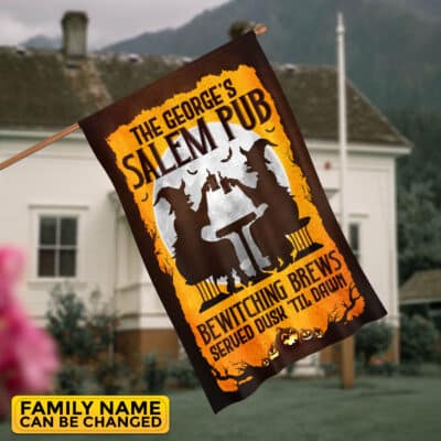 Alternative view of Personalized Salem Pub Bewitching Brews Served Dusk Til Dawn Witch Halloween Outdoor House Flag - Garden Flag