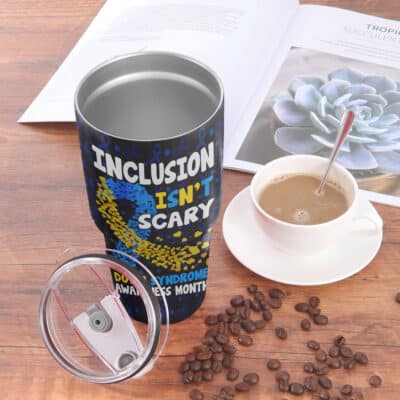 Alternative view of Inclusion Isn't Scary Down Syndrome Awareness Month Insulated Tumbler Cup With Lid and Straw