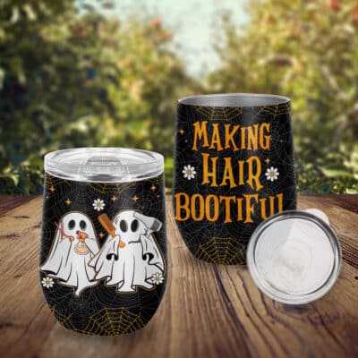 Making Hair Bootiful Funny Boo Ghost Hairdresser Halloween Vacuum Insulated Cup - Wine Tumbler with Lid